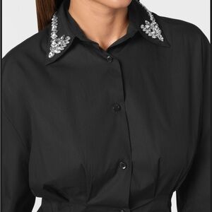NWT Max Black Button-Front Shirt with Crystal Embellished Collar- Cotton- XL